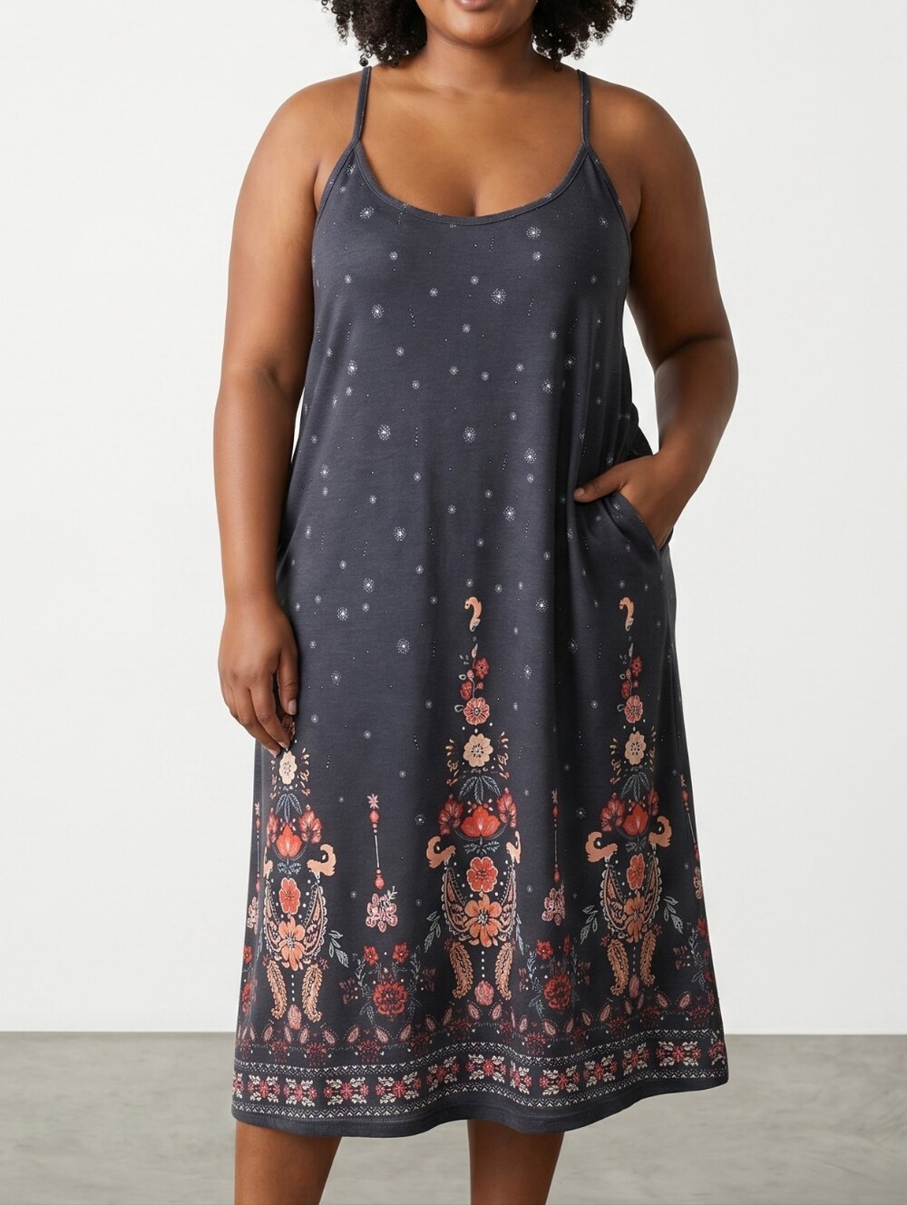 Navy Floral Border Slip Nightdress with Spaghetti Straps